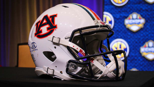 Auburn football helmet at SEC Media Days.